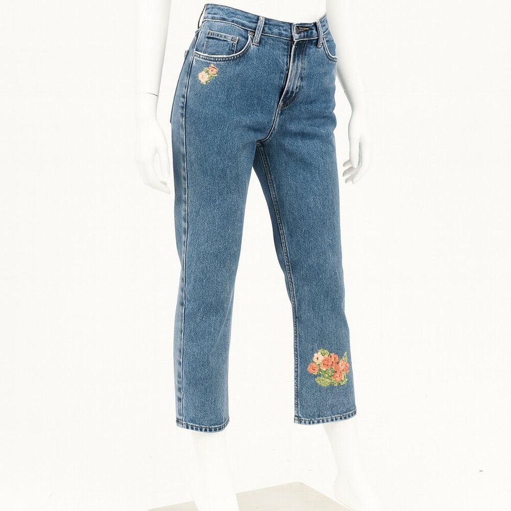 Crazy Horse Straight Leg 90s Y2K Painted Floral Jeans Size 8 Cotton Denim